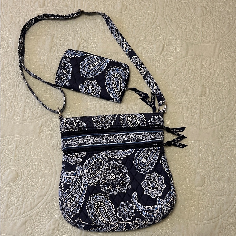 Vera Bradley Blue and White Paisley Crossbody Bag and Wallet Set